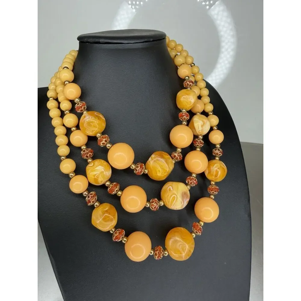 Vintage BEADED BUTTERSCOTCH Orange LUCITE Acrylic Multi Strand 70s 60s NECKLACE